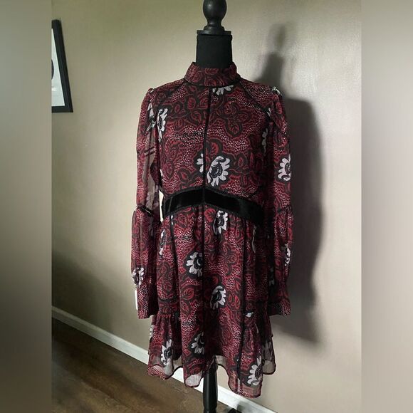 TED BAKER red dress Coriey Ladder Trim Insert High Neck mini size 5 (L 12-14) - Picture 5 of 16